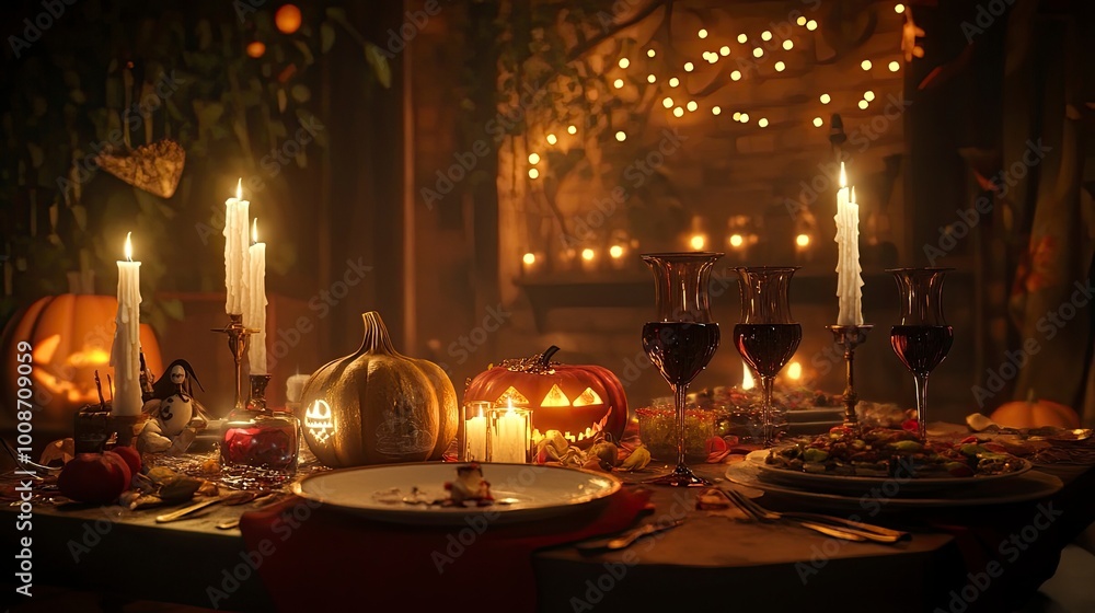 A couple sharing a romantic Halloween dinner, complete with candles and spooky decor. A couple sharing a romantic Halloween dinner, complete with candles and spooky decor.