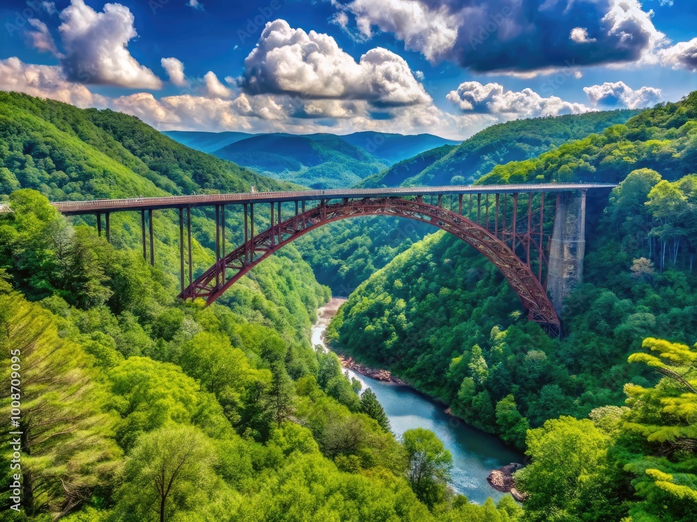 Fototapeta premium Stunning view of New River Gorge Bridge arching over a lush valley in West Virginia's natural beauty