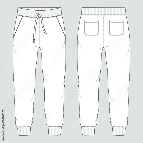Fleece jersey Sweat pant With Cut and sew technical fashion flat sketch template front and back views. Apparel jogger pants vector illustration mock up for kids and boys. Fashion design drawing CAD