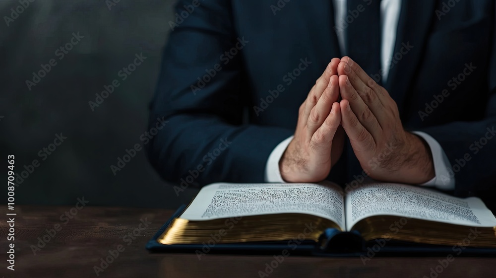 A person in a suit with clasped hands resting on an open book, symbolizing contemplation, prayer, or study in a somber, dark setting. A person in a suit with clasped hands resting on an open book, symbolizing contemplation, prayer, or study in a somber, dark setting.
