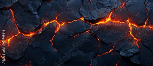 A close up of a black rock with orange lava flowing out of it