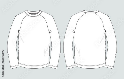Long sleeve round neck Technical Sketch flat fashion T-shirt front and back view . Apparel dress design CAD Mock up Vector Illustration template.