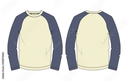 Two tone color Long sleeve raglan t shirt template front and back views
