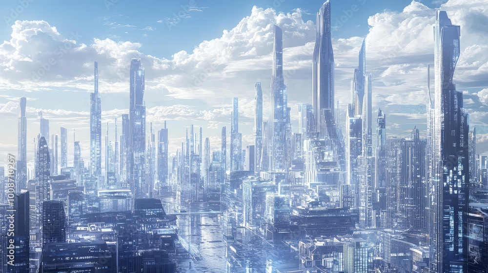 Fototapeta premium Futuristic city skyline with towering skyscrapers under a sunny sky, showcasing advanced architecture and urban design.