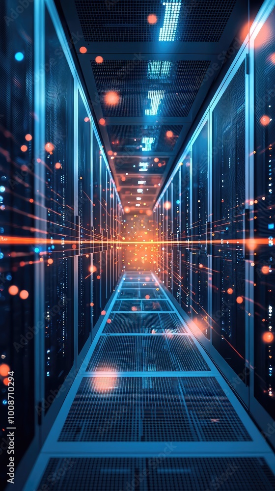 Futuristic data center corridor illuminated with blue and orange lights, showcasing advanced technology and digital network connectivity. Futuristic data center corridor illuminated with blue and orange lights, showcasing advanced technology and digital network connectivity.