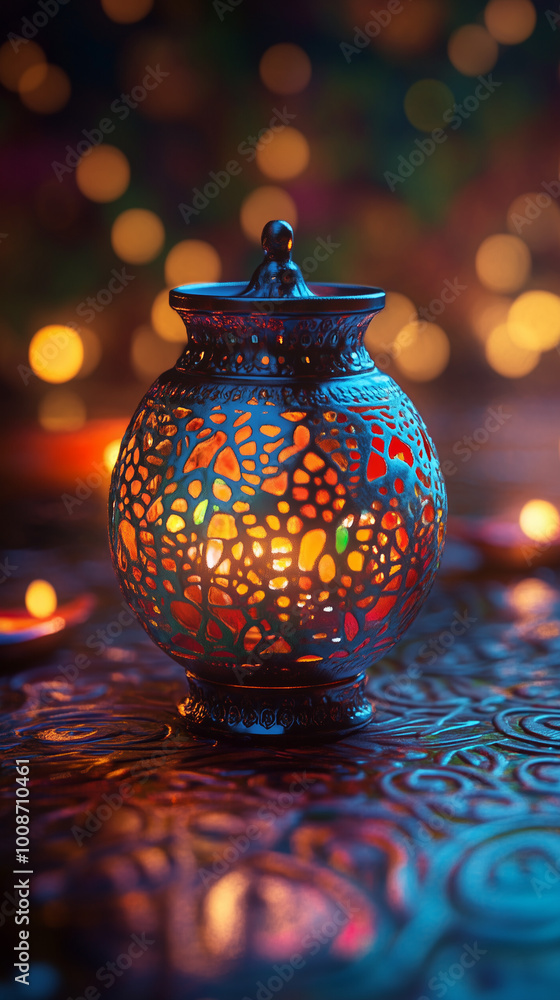 Ornate Lantern Illuminating in the Dark with Vibrant Colors Ornate Lantern Illuminating in the Dark with Vibrant Colors