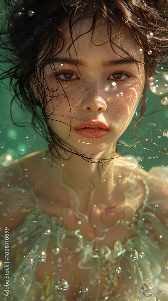 Dreamy Underwater Portrait of a Woman with Bubbles Dreamy Underwater Portrait of a Woman with Bubbles