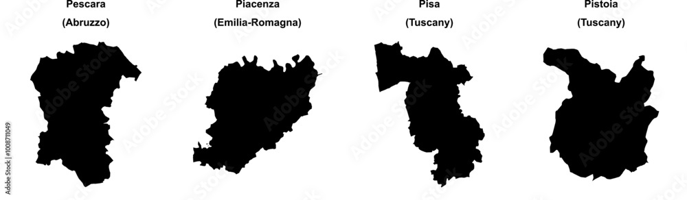Fototapeta premium Pescara, Piacenza, Pisa, Pistoia outline maps