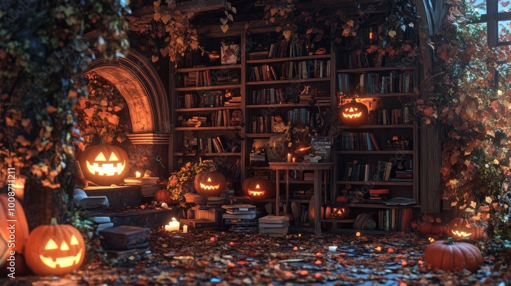 A cozy Halloween-themed reading nook filled with spooky books and warm lighting for a perfect evening. A cozy Halloween-themed reading nook filled with spooky books and warm lighting for a perfect evening.