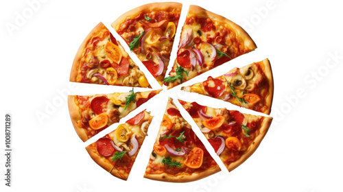 Sliced pepperoni pizza with vegetables and cheese toppings on Transparent Background