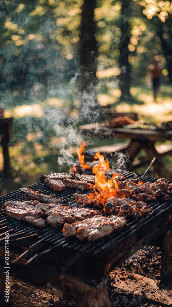 Grilling delicious steaks over an open flame in a lush forest setting. Perfect for summer cookouts and outdoor gatherings. Grilling delicious steaks over an open flame in a lush forest setting. Perfect for summer cookouts and outdoor gatherings.