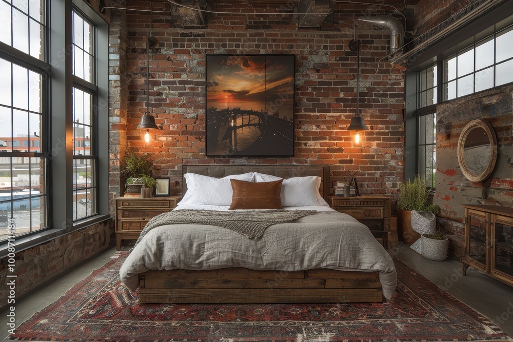 Urban Loft Bedroom A bedroom with exposed brick walls, large windows, and modern furniture. Include a comfortable bed and industrial light fixtures Urban Loft Bedroom A bedroom with exposed brick walls, large windows, and modern furniture. Include a comfortable bed and industrial light fixtures