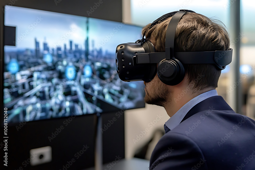 Businessman Experiencing Virtual Reality with Cityscape View. Businessman Experiencing Virtual Reality with Cityscape View.