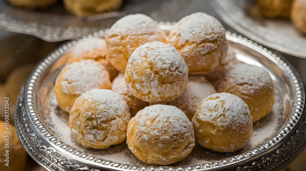 A close-up of freshly baked Arabic sweets like ghraibeh, displayed on an ornate silver tray, dusted lightly with powdered sugar.
A close-up of freshly baked Arabic sweets like ghraibeh, displayed on an ornate silver tray, dusted lightly with powdered sugar.