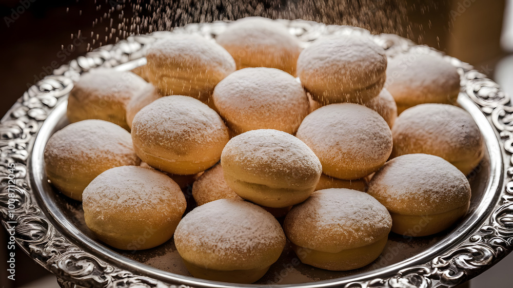 A close-up of freshly baked Arabic sweets like ghraibeh, displayed on an ornate silver tray, dusted lightly with powdered sugar.
A close-up of freshly baked Arabic sweets like ghraibeh, displayed on an ornate silver tray, dusted lightly with powdered sugar.