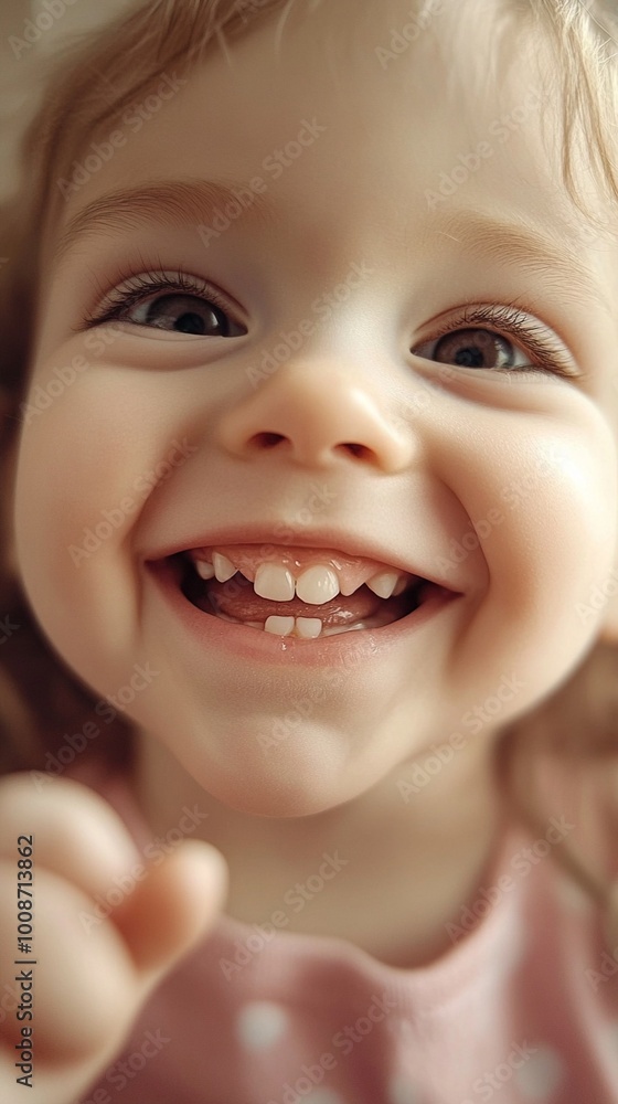 Close-up portrait of a joyful toddler with a radiant smile, showcasing adorable baby teeth. The child's eyes sparkle with happiness, capturing a moment of pure innocence. Close-up portrait of a joyful toddler with a radiant smile, showcasing adorable baby teeth. The child's eyes sparkle with happiness, capturing a moment of pure innocence.