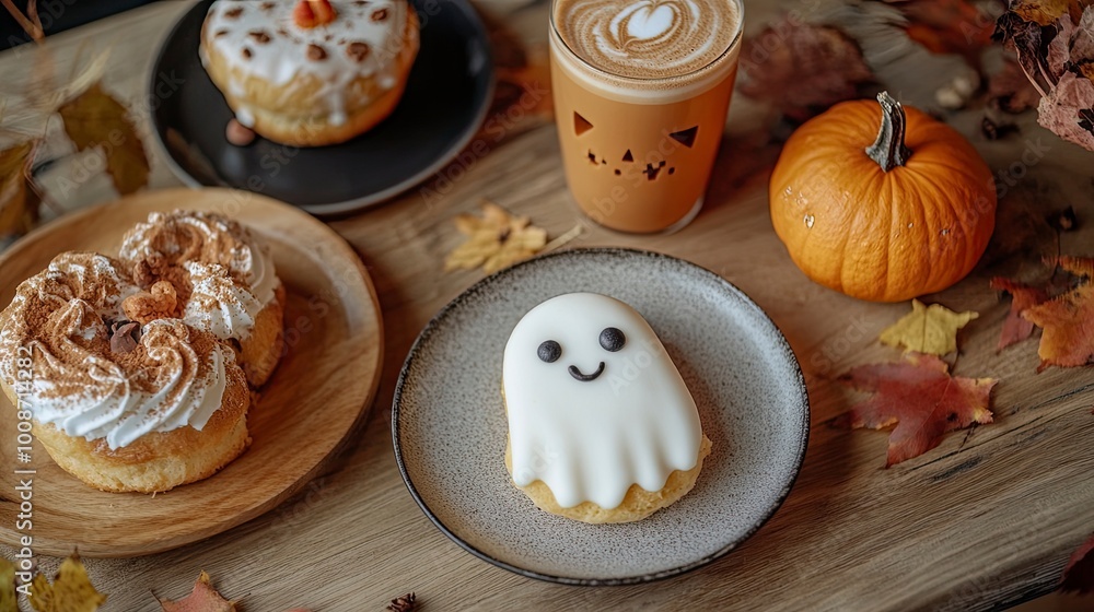 A cozy Halloween-themed brunch with friends, featuring ghost-shaped pastries and pumpkin lattes. A cozy Halloween-themed brunch with friends, featuring ghost-shaped pastries and pumpkin lattes.