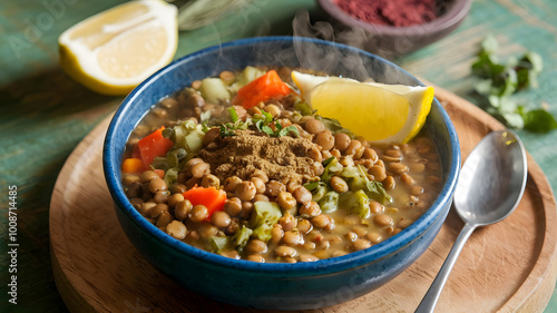 A steaming bowl of shorbat adas, with lentils and vegetables, garnished with a sprinkle of cumin and a wedge of lemon.
 photo