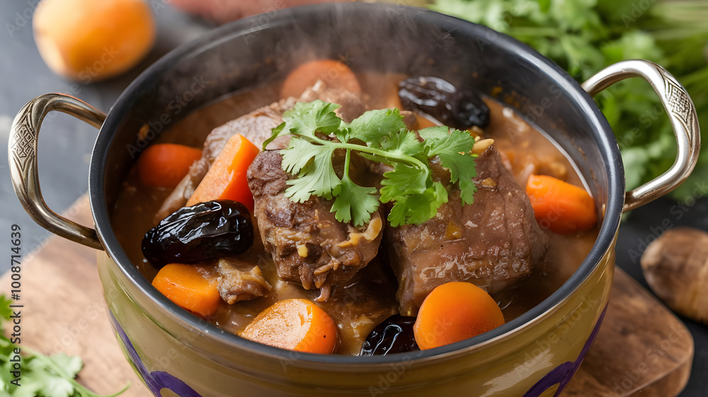 A steaming pot of Moroccan lamb stew, filled with carrots, prunes, and apricots, garnished with fresh cilantro.
A steaming pot of Moroccan lamb stew, filled with carrots, prunes, and apricots, garnished with fresh cilantro.
