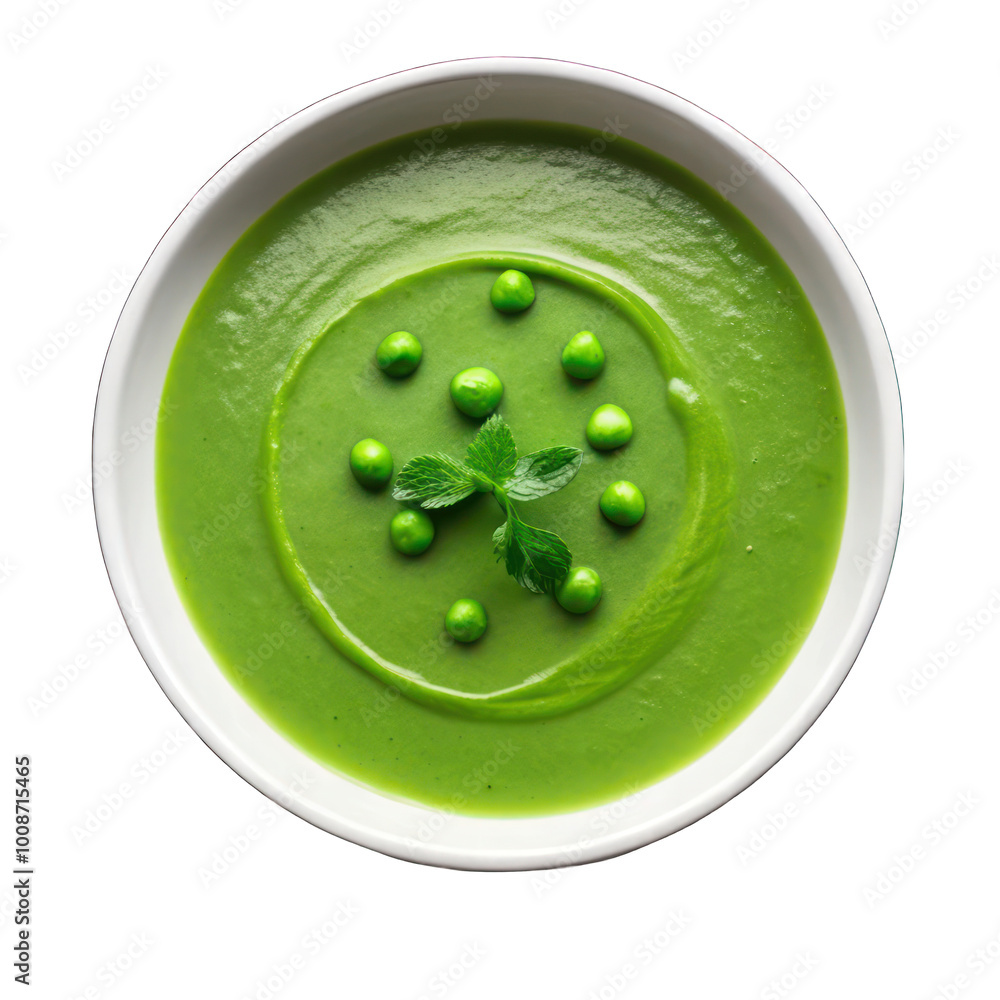 Green pea soup on white bowl top view isolated on transparent background Green pea soup on white bowl top view isolated on transparent background