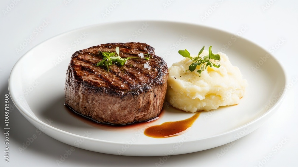 Grilled Steak with Mashed Potatoes on White Plate Grilled Steak with Mashed Potatoes on White Plate
