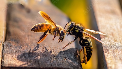 Frelon asiatique (vespa velutina) face à une abeille (apis mellifera)