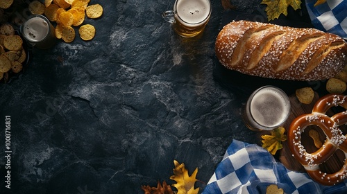 Oktoberfest celebration spread with fresh pretzel, artisan bread, beer mugs, and autumn leaves on dark rustic background. Perfect for seasonal menu. photo