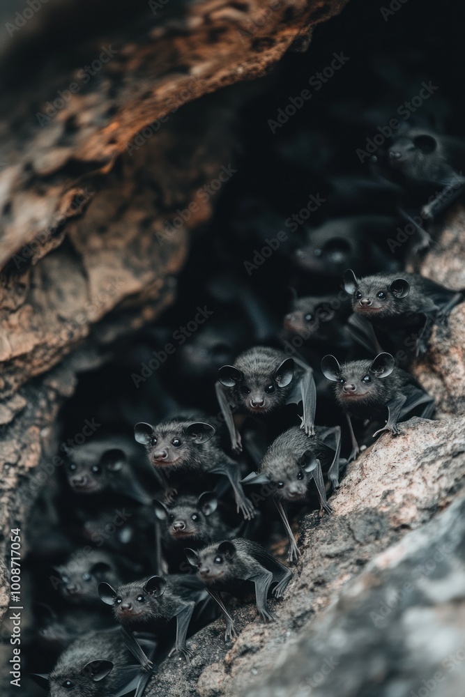A cluster of bats huddled together in a rocky crevice. A cluster of bats huddled together in a rocky crevice.