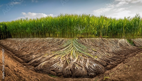 Vue de coupe schématisée de l'expansion des rhizomes de bambou traçant