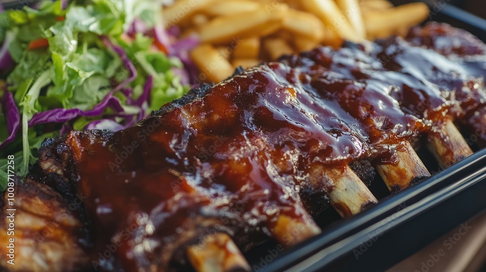 Delicious Barbecue Ribs with Fresh Salad and Fries Delicious Barbecue Ribs with Fresh Salad and Fries