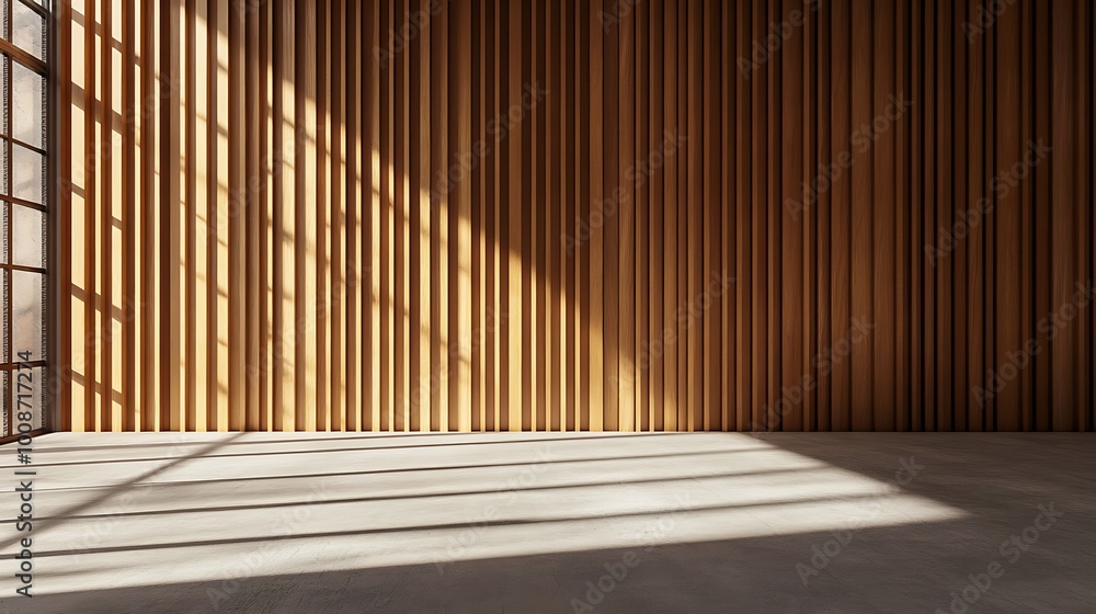 Wall with wood background. Panels with wood texture. Vertical slats in the interior design of an empty studio room. 3D architecture with window shadow overlay. Wall with wood background. Panels with wood texture. Vertical slats in the interior design of an empty studio room. 3D architecture with window shadow overlay.