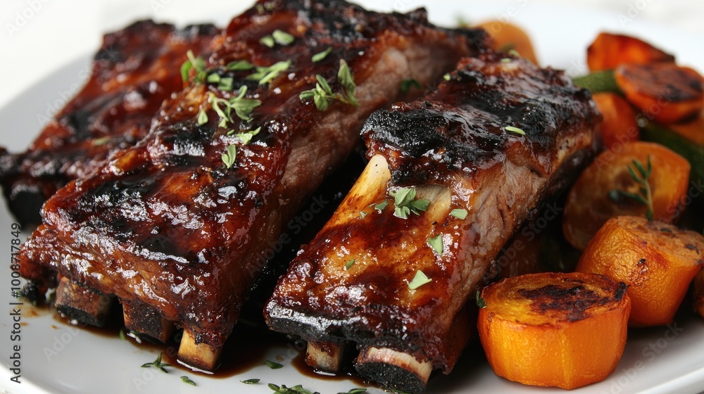 Savory Barbecue Ribs with Vegetables on Plate Savory Barbecue Ribs with Vegetables on Plate