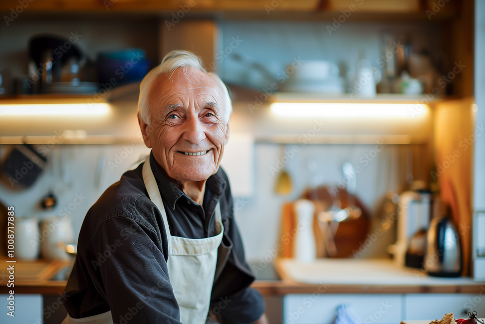 Senior European chef smiling in a kitchen Senior European chef smiling in a kitchen