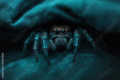 animal by ai // spider under my blanket, jumping spider hiding in the bed, closeup, bokeh, photorealistic photo