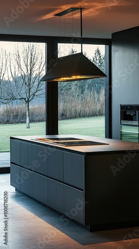 Modern kitchen interior featuring a stylish island, sleek design, and ample natural light through large windows.