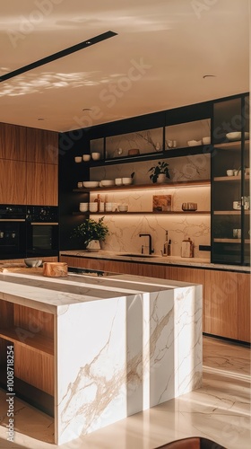 Modern kitchen interior featuring sleek cabinetry, marble island, and warm lighting, creating an inviting atmosphere for cooking.