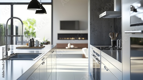 Modern kitchen interior featuring sleek design, spacious layout, and natural light, perfect for contemporary living.
