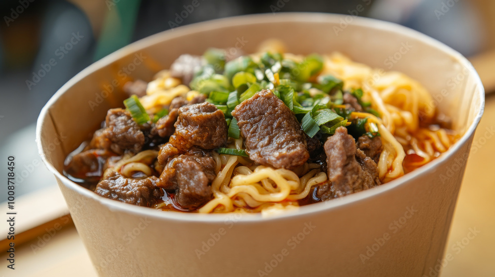 Beef noodles served in paper container Beef noodles served in paper container