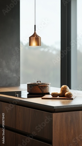 Modern kitchen with pendant light, stylish cookware, and fresh ingredients on a wood counter, creating a warm ambiance.