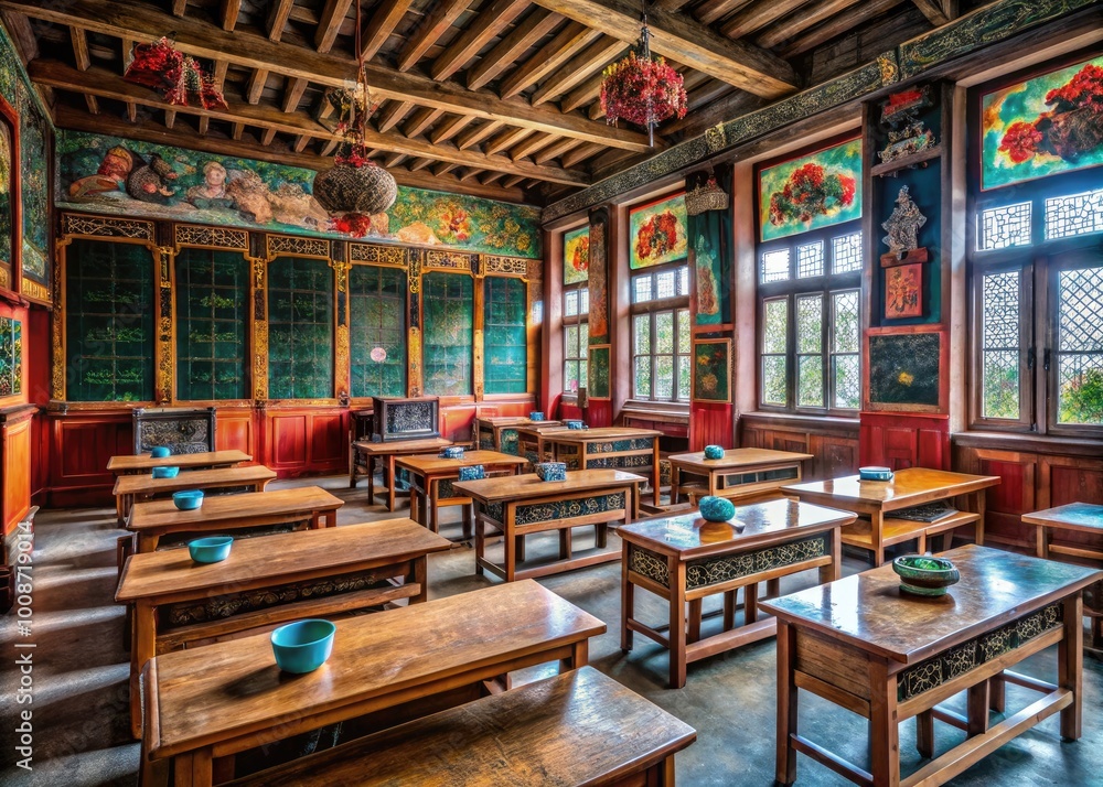 Traditional Chinese Classroom with Desks, Chalkboard, Calligraphy Posters, and Educational Materials Traditional Chinese Classroom with Desks, Chalkboard, Calligraphy Posters, and Educational Materials
