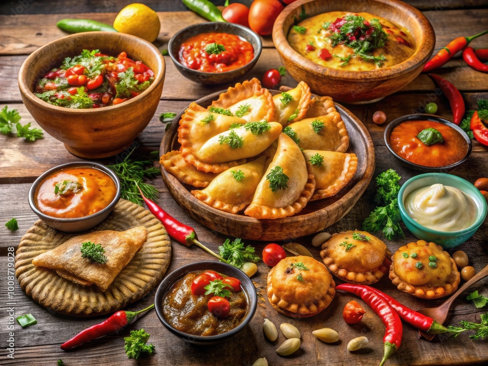 Traditional Chilean Cuisine Featuring Empanadas, Pastel de Choclo, and Fresh Seafood Dishes Plated Artfully Traditional Chilean Cuisine Featuring Empanadas, Pastel de Choclo, and Fresh Seafood Dishes Plated Artfully