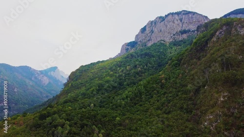 Aerial View of Serene Rainforest in Bosnia's Herzegovina National Park – Tranquil Scenery, Dense Woodland, Mountain Peaks, and Cloudscape in Scenic Balkans Wilderness
