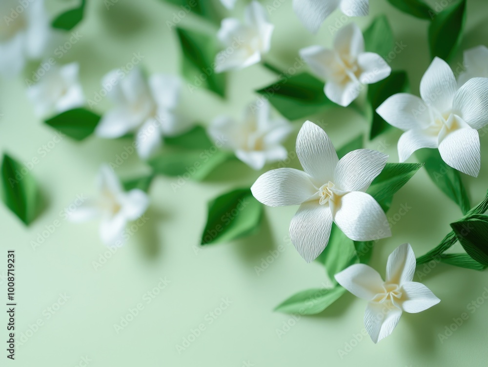 Fototapeta premium Fresh White Flowers against Light Green Background