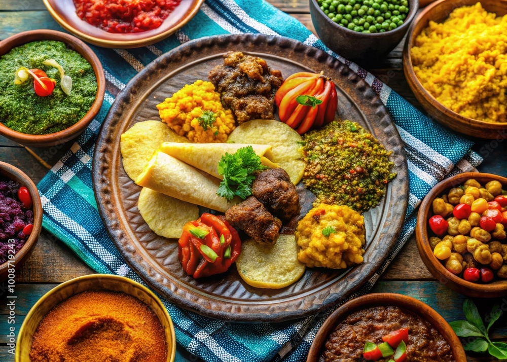 Traditional Ethiopian Cuisine Displayed on a Colorful Table with Injera and Assorted Dishes Traditional Ethiopian Cuisine Displayed on a Colorful Table with Injera and Assorted Dishes