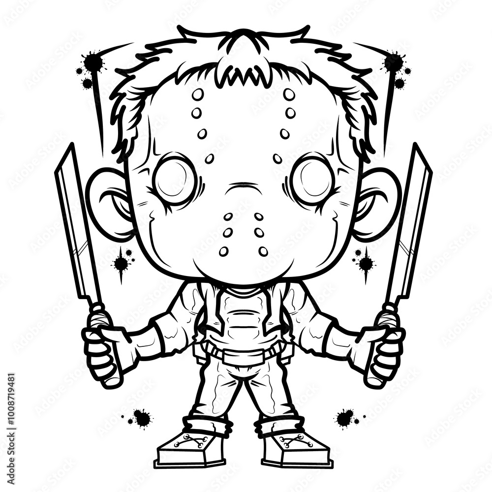 Cartoon Character with Knives and Mask in Black and White Cartoon Character with Knives and Mask in Black and White