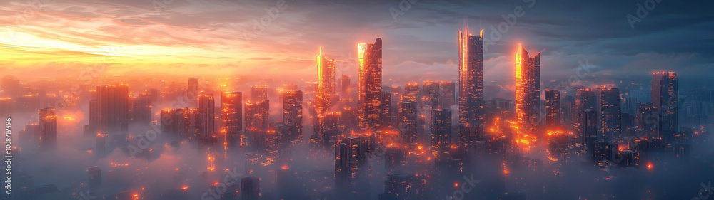 Fototapeta premium A mysterious fantasy city emerges from the mist, with tall towers and glowing lights creating a dreamlike atmosphere. The cinematic shot captures the surreal and mystical vibe.