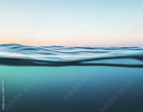 Calm sea under a blue sky at sunrise. waterline. sea water surface. mockup. product display. minimalistic bacground