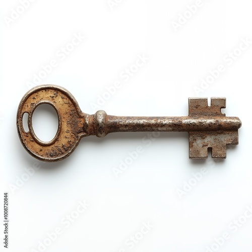 Rustic, old key with a worn metal finish.