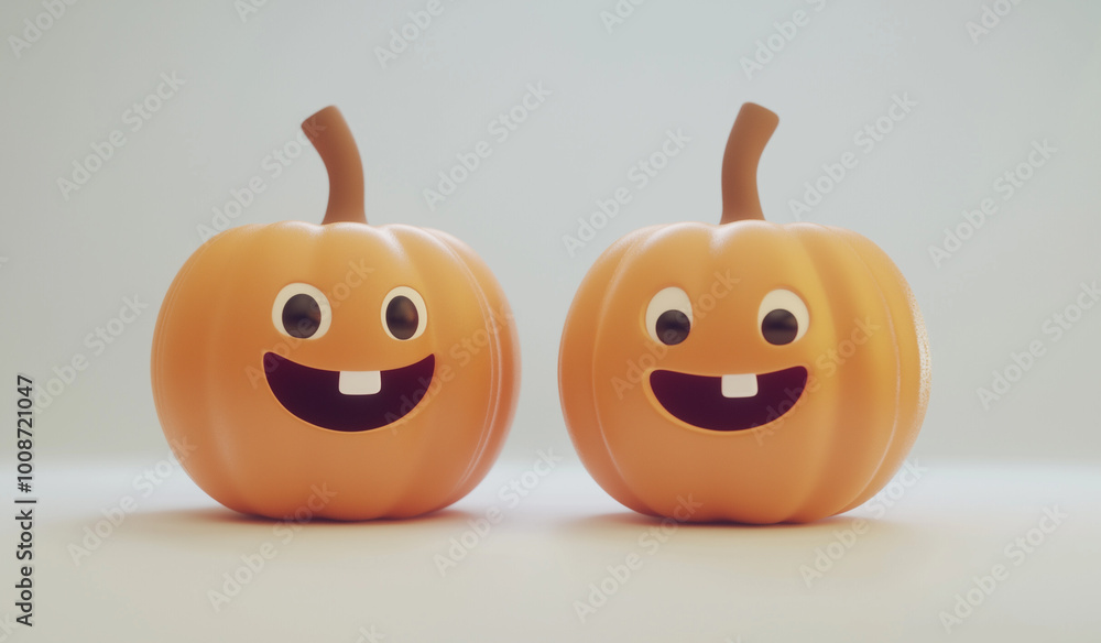 A 3D render of two cute pumpkins with carved faces on a white background.Minimal creative Halloween holiday concept.Copy space,flat lay A 3D render of two cute pumpkins with carved faces on a white background.Minimal creative Halloween holiday concept.Copy space,flat lay