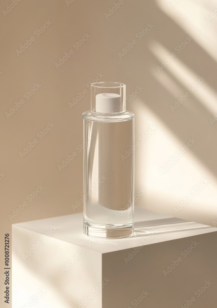 A tall glass bottle of water sits on a white pedestal A tall glass bottle of water sits on a white pedestal
